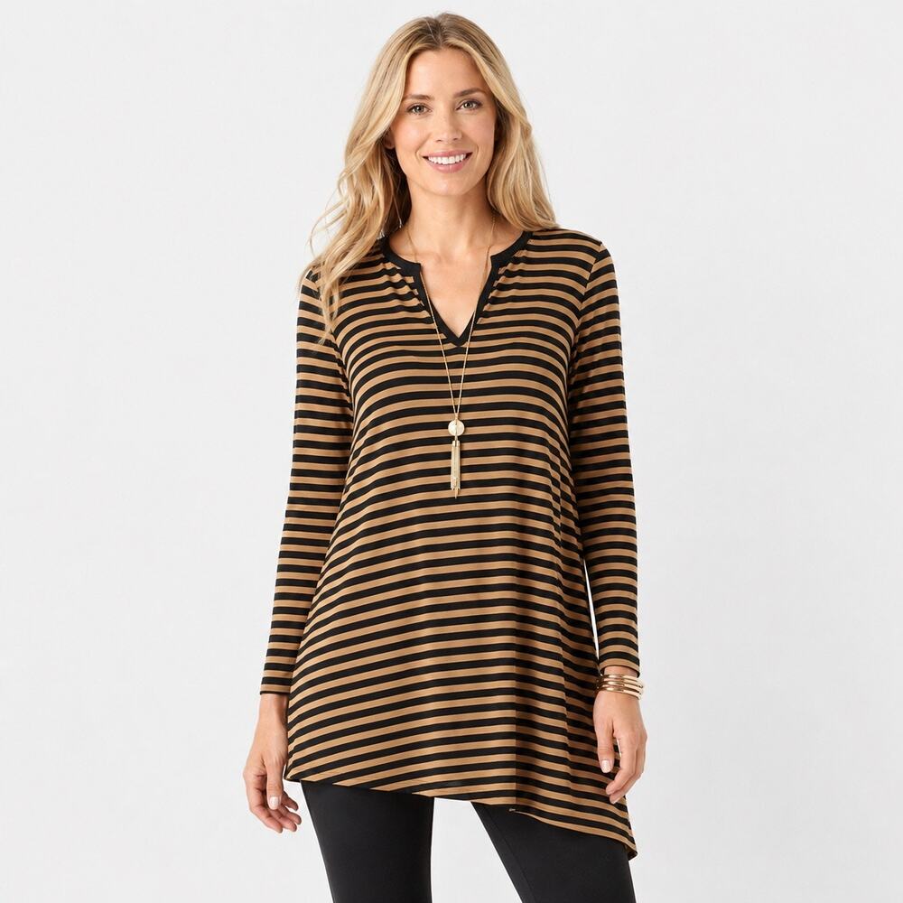 CAbi Striped Slant Tee Tunic Camel/Tan SzS Modern Boho Elevated Casual